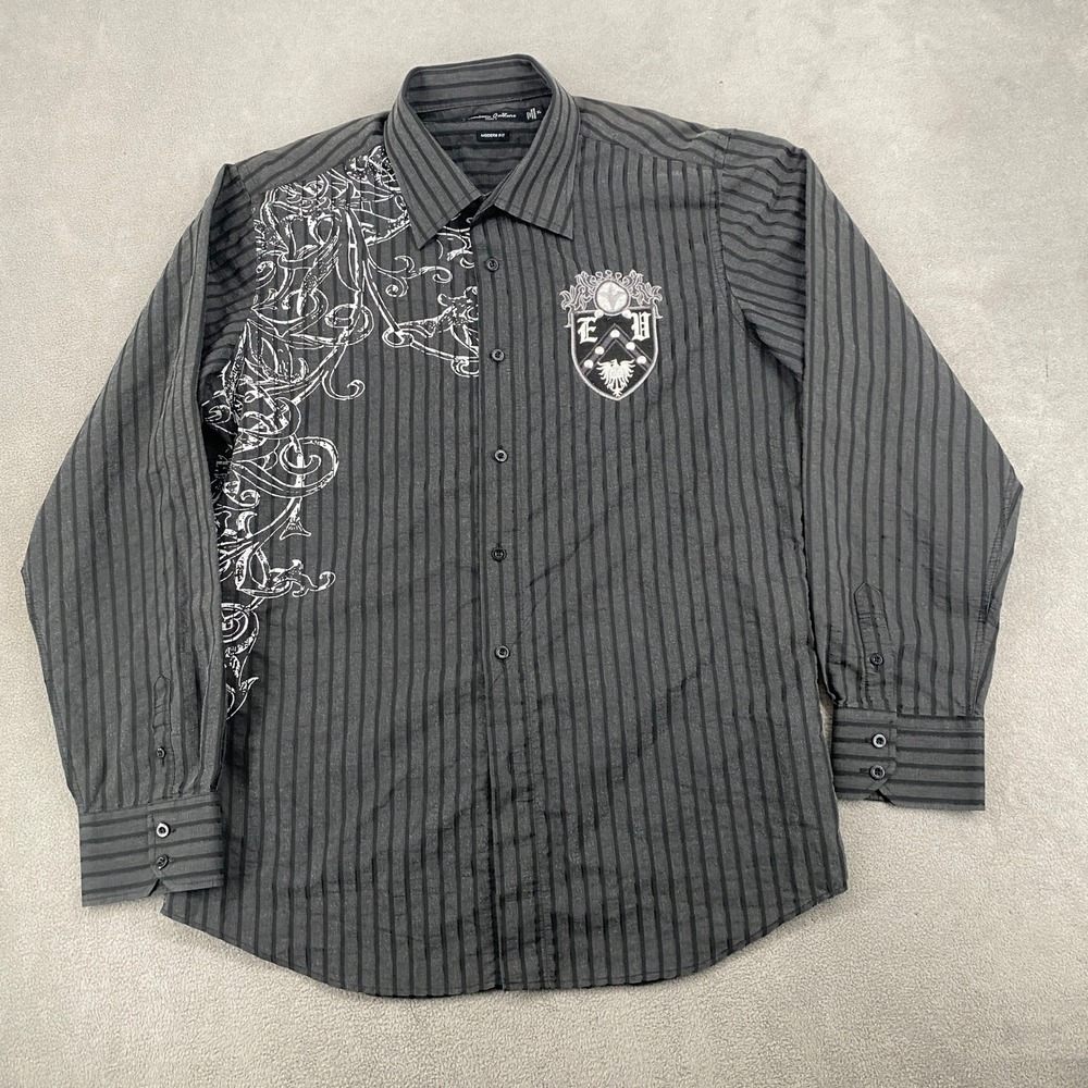 Premium Culture Italy Mens XL Gray Striped Y2K Grunge Graphic Button Down Shirt